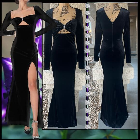 Lulus Black Velvet Long Sleeve Mermaid Hollywood  Maxi Dress Size S - Picture 1 of 11